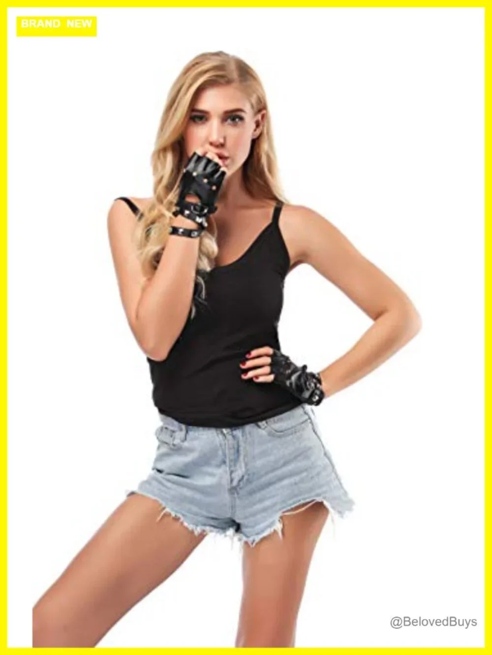 Women PU Leather Punk Half Finger Gloves with Straps and Rivets for Costume